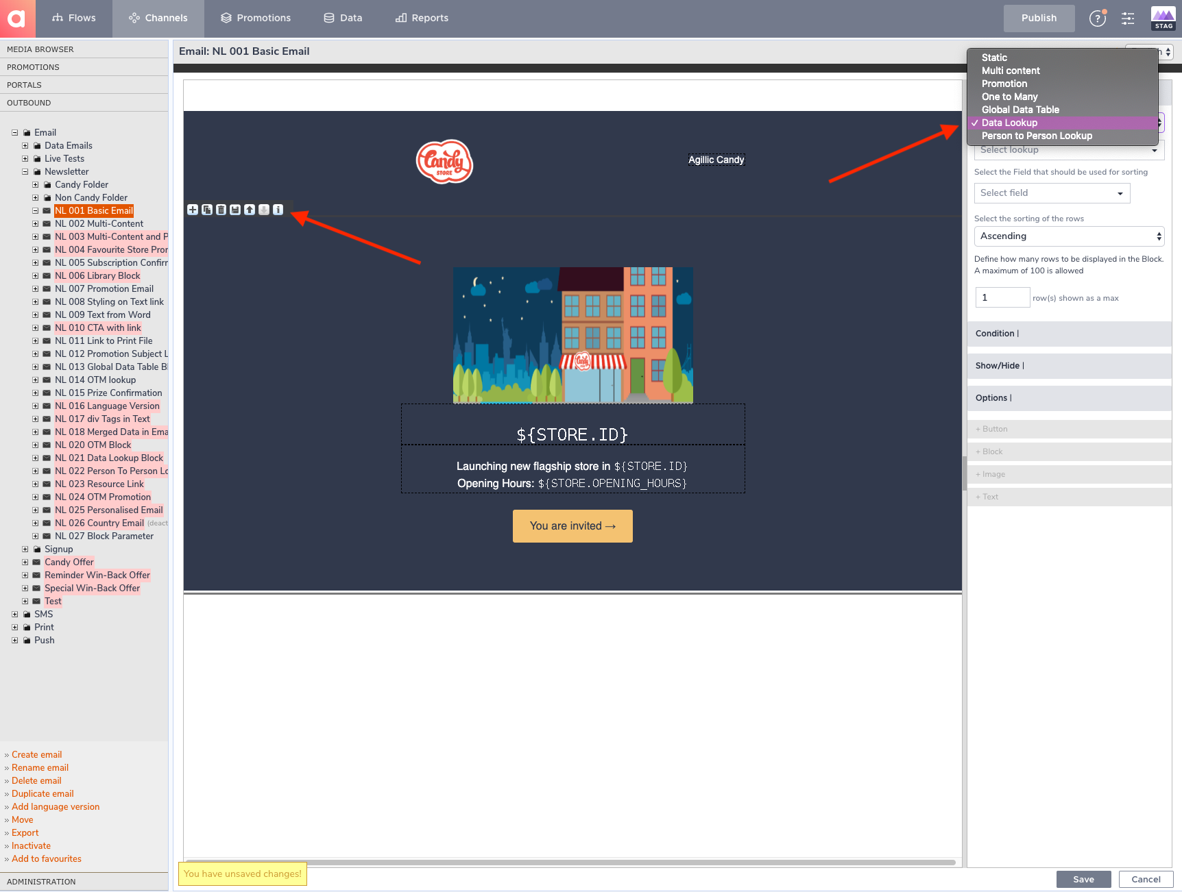 Changing an email block type from ‘Static’ to ‘Data Lookup’